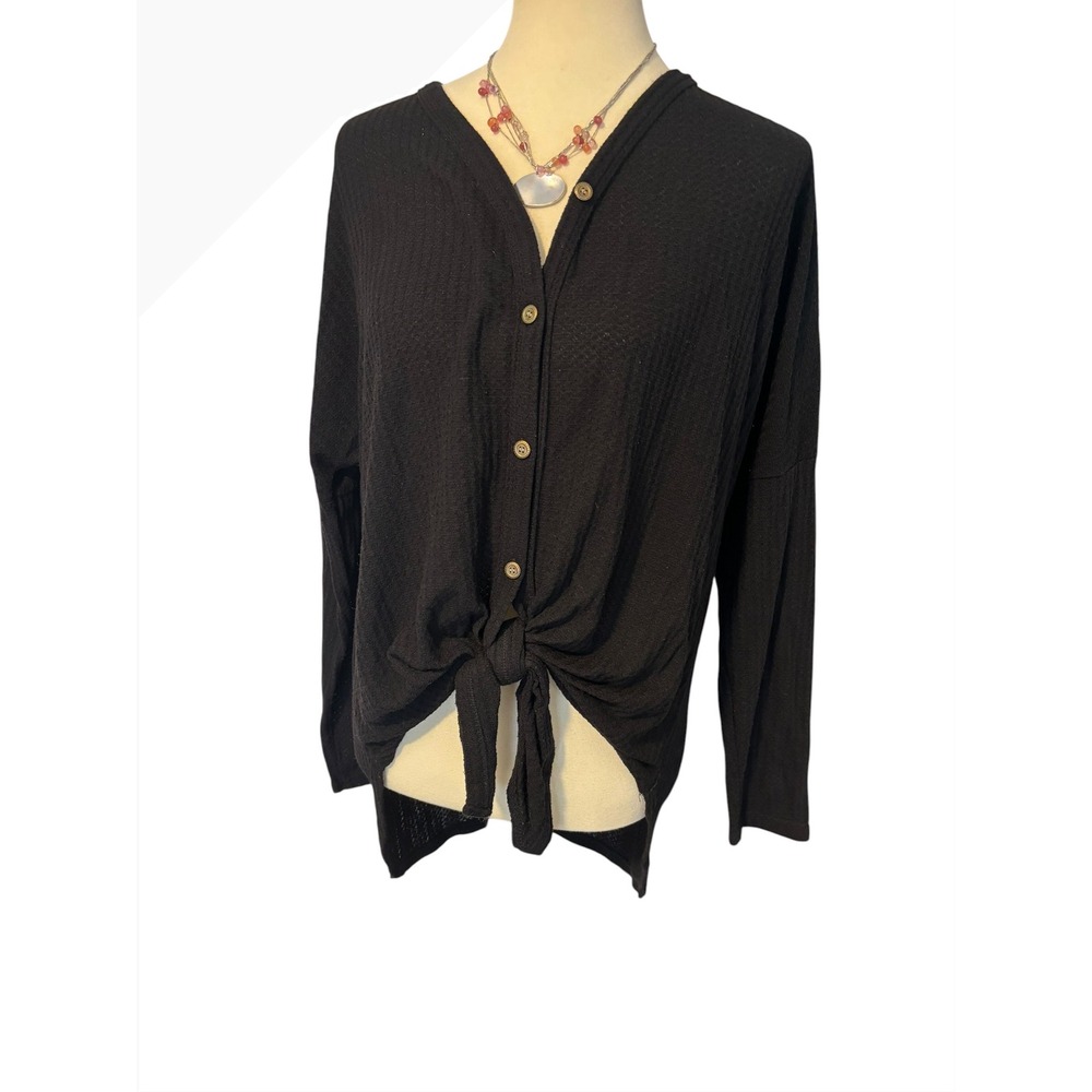 Miholl Womens Black Waffle Knit Tie Front‎ Button Down Cardigan Top Large Baggy.